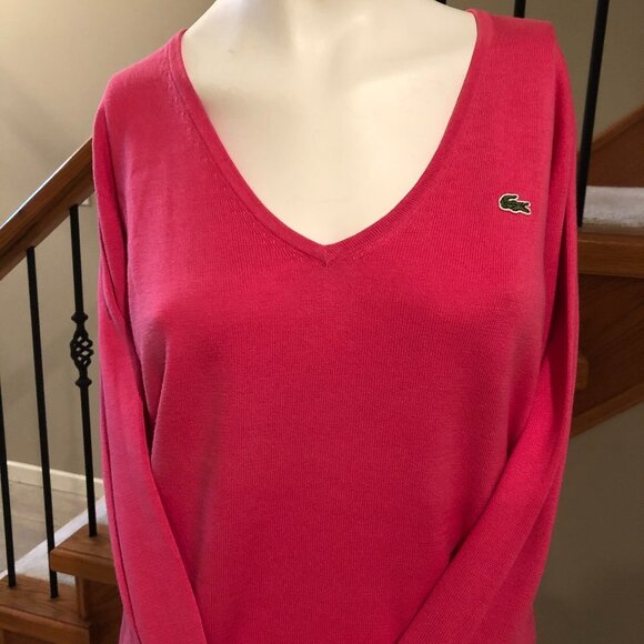 Lacoste Casual V Neck 100% Cotton Long Sleeve Sweater Hot Pink Size 40 - Picture 1 of 6